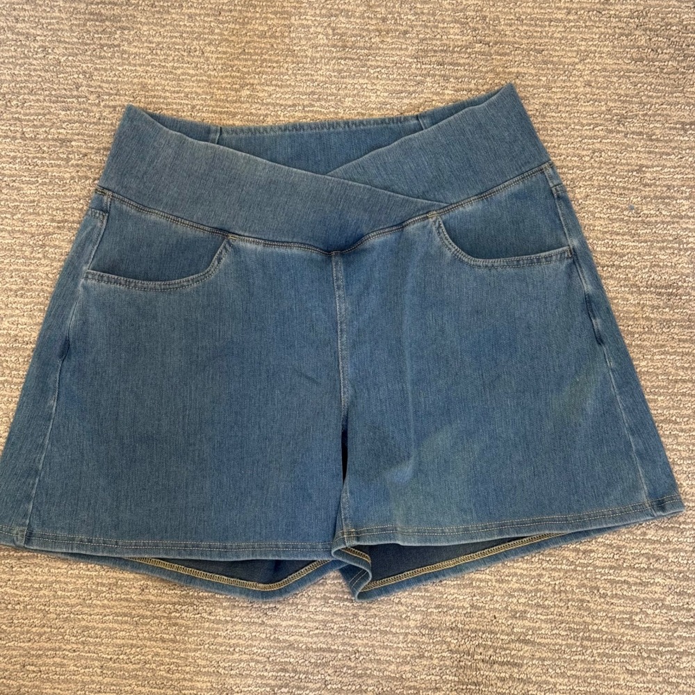 Halara Flex Denim Crossover Waist High Rise Shorts Blue XL NWT